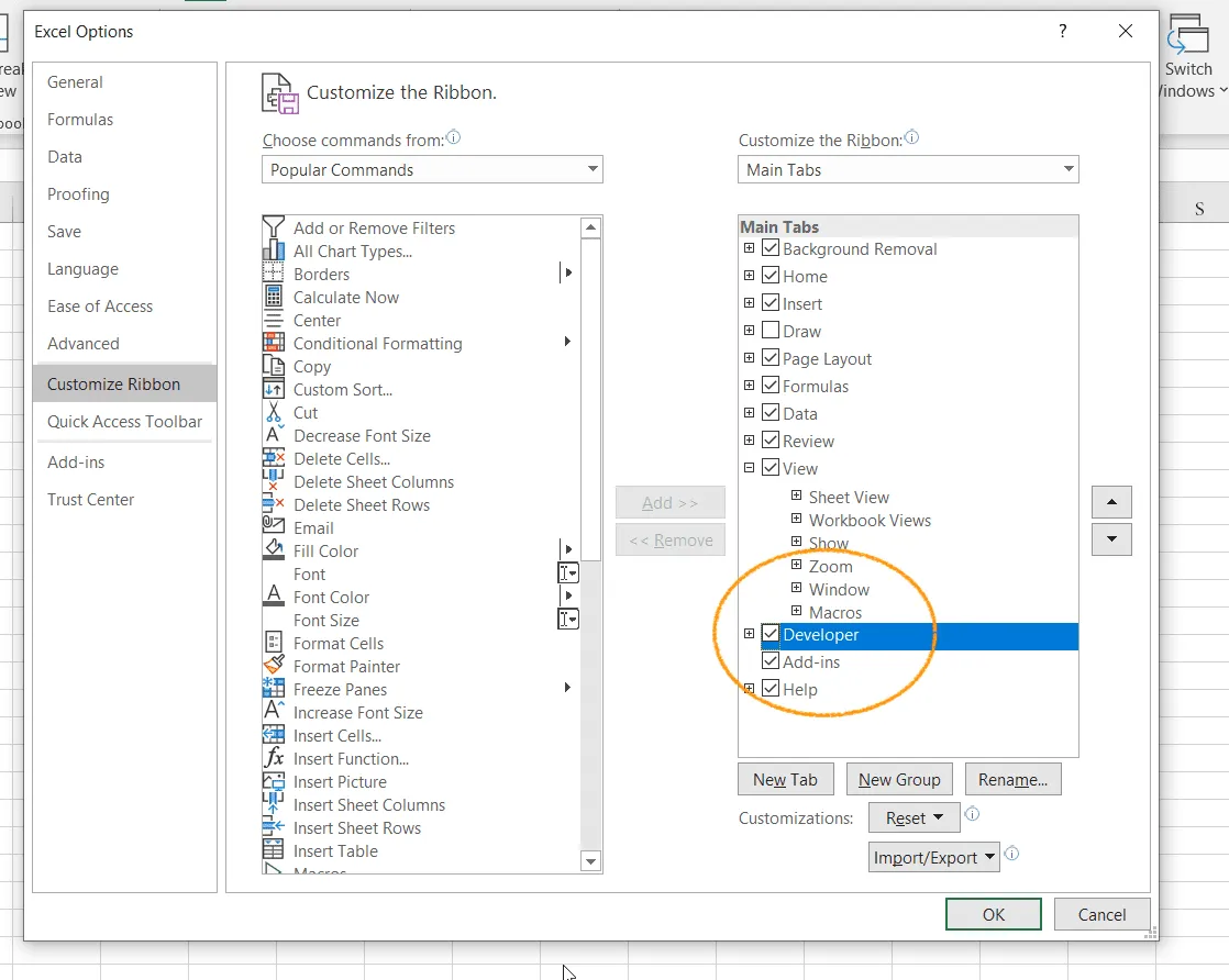 Developer options in Excel